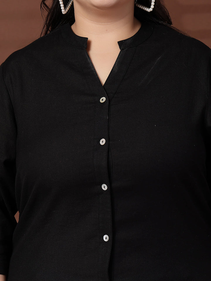Plus Size Women Black Shirt Style Linen Top