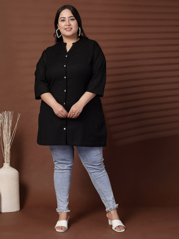 Plus Size Women Black Shirt Style Linen Top