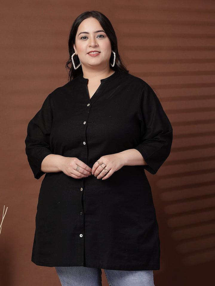 Plus Size Women Black Shirt Style Linen Top