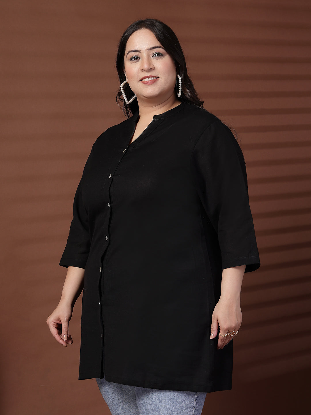 Plus Size Women Black Shirt Style Linen Top
