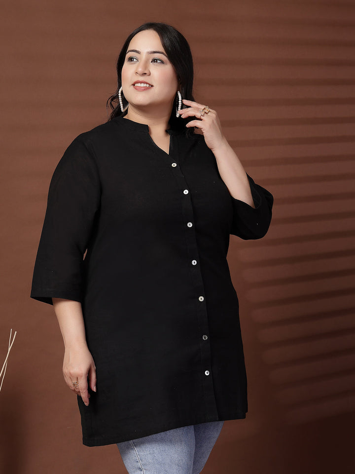 Plus Size Women Black Shirt Style Linen Top