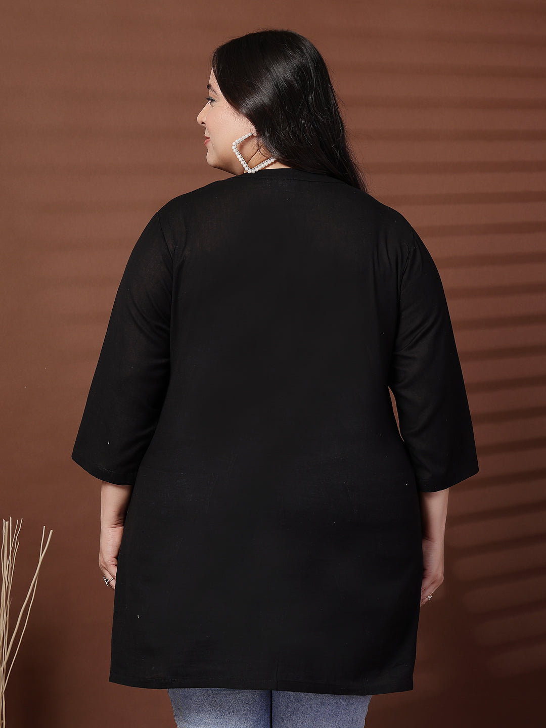 Plus Size Women Black Shirt Style Linen Top