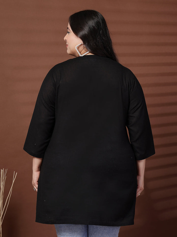 Plus Size Women Black Shirt Style Linen Top