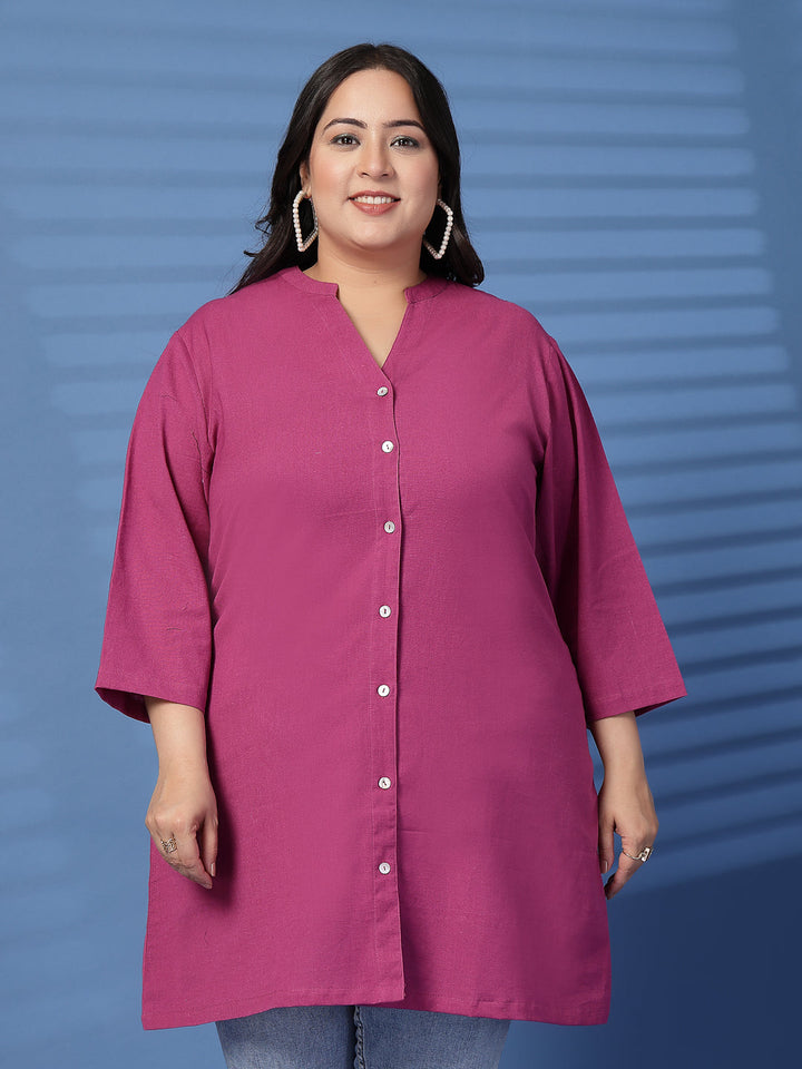 Plus Size Women Pink Mandarin Collar Tunic