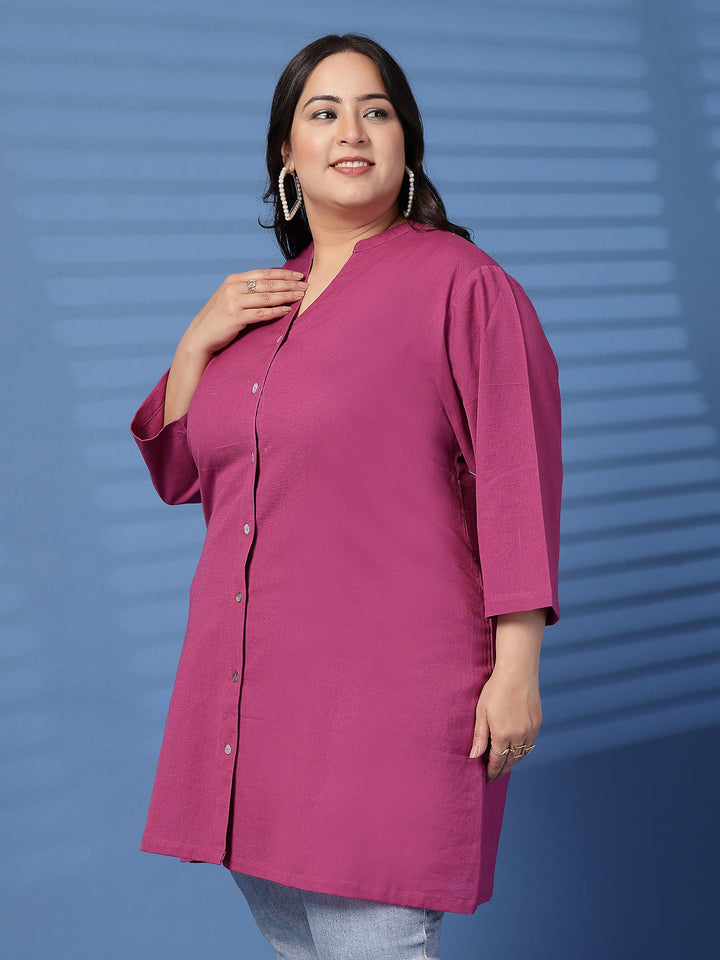 Plus Size Women Pink Mandarin Collar Tunic