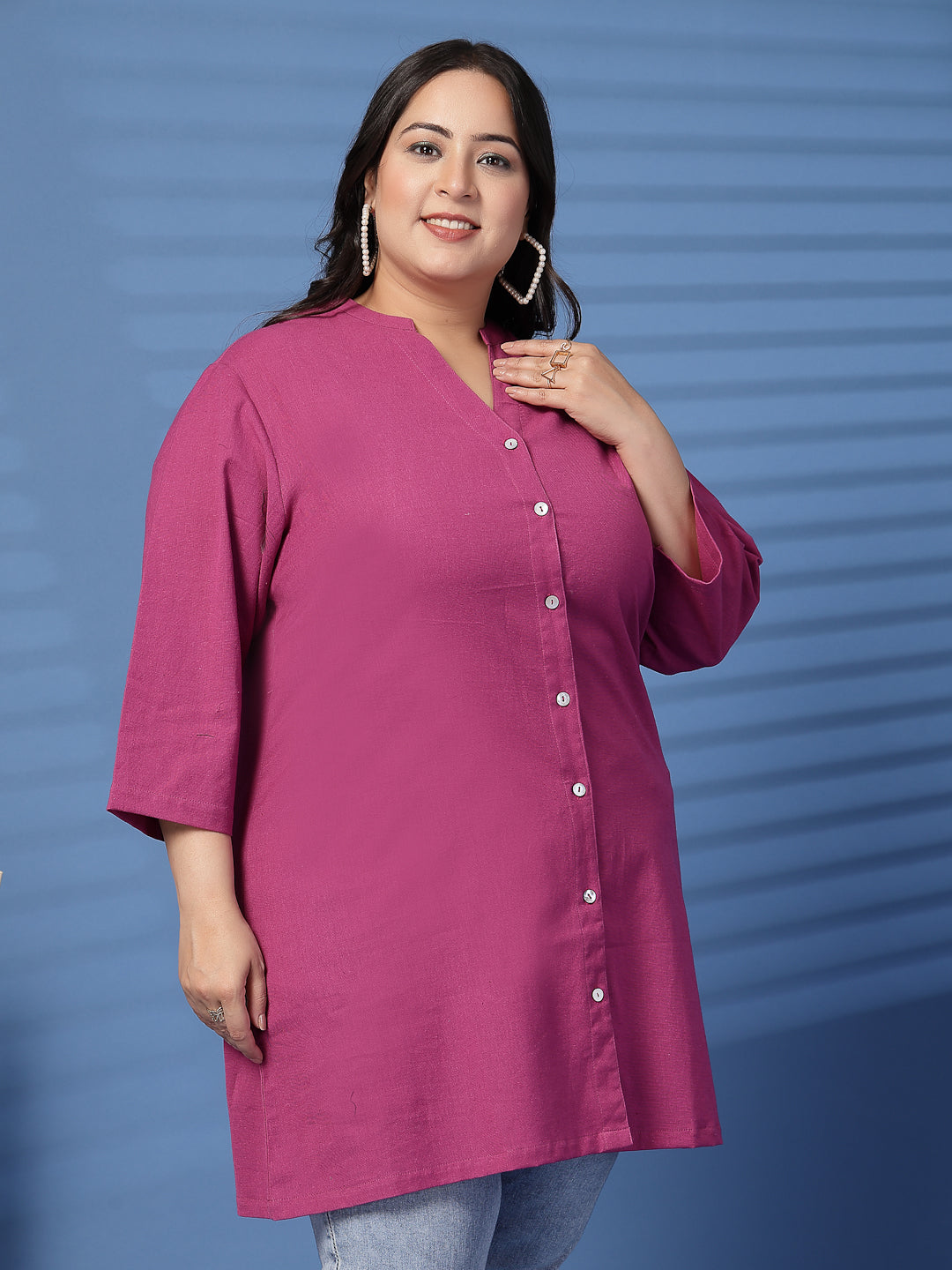 Plus Size Women Pink Mandarin Collar Tunic
