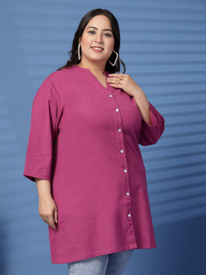 Plus Size Women Pink Mandarin Collar Tunic