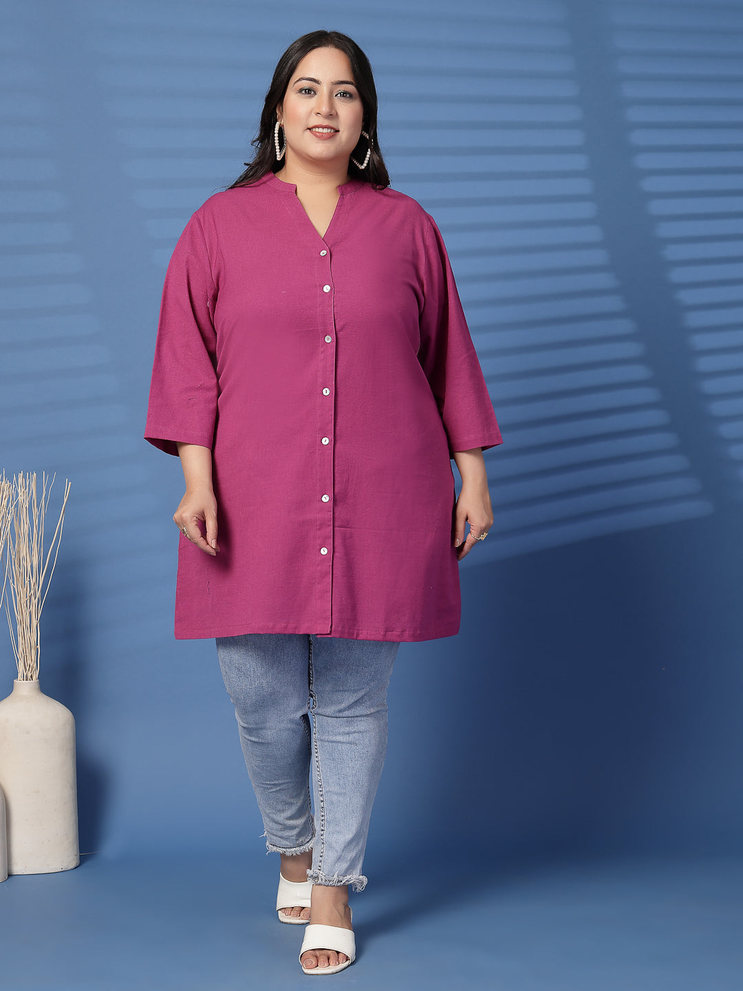 Plus Size Women Pink Mandarin Collar Tunic