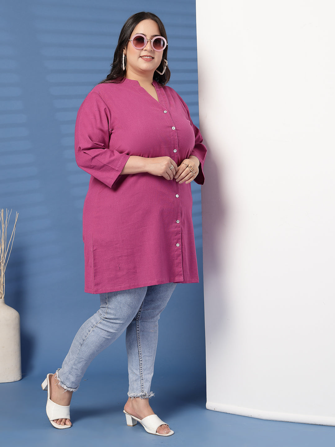 Plus Size Women Pink Mandarin Collar Tunic