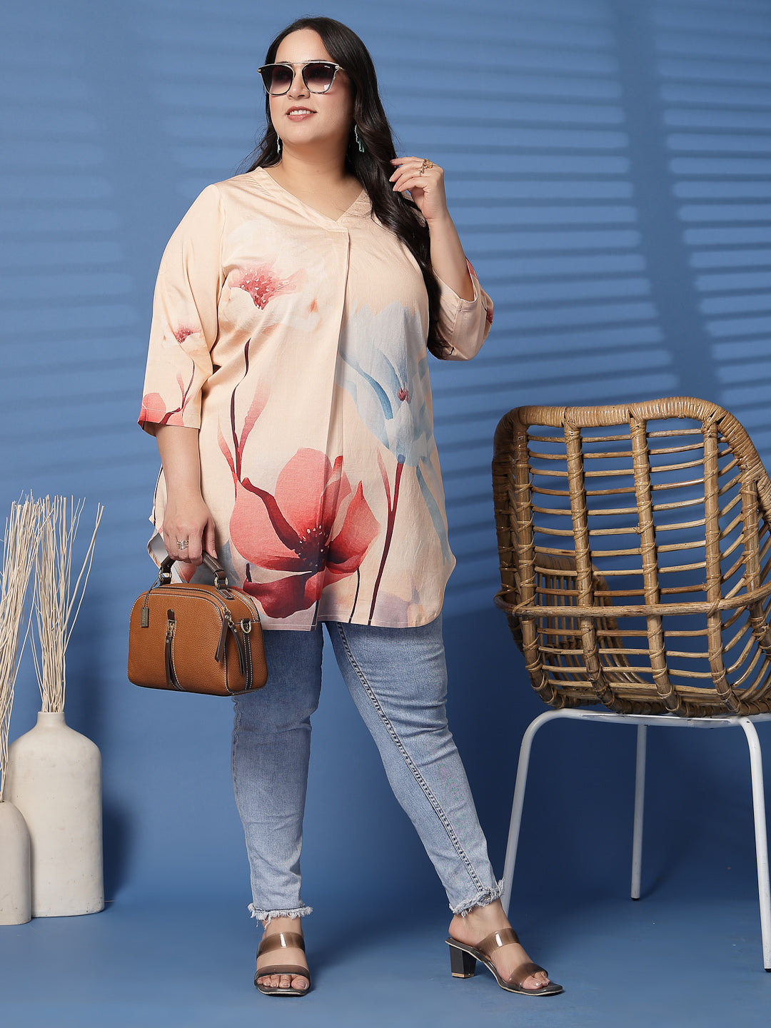 Plus Size  Tropical Printed V-Neck Longline Top