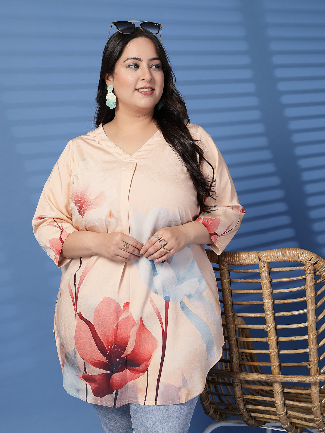 Plus Size  Tropical Printed V-Neck Longline Top