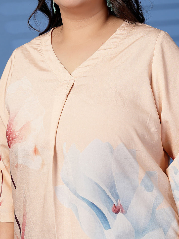 Plus Size  Tropical Printed V-Neck Longline Top