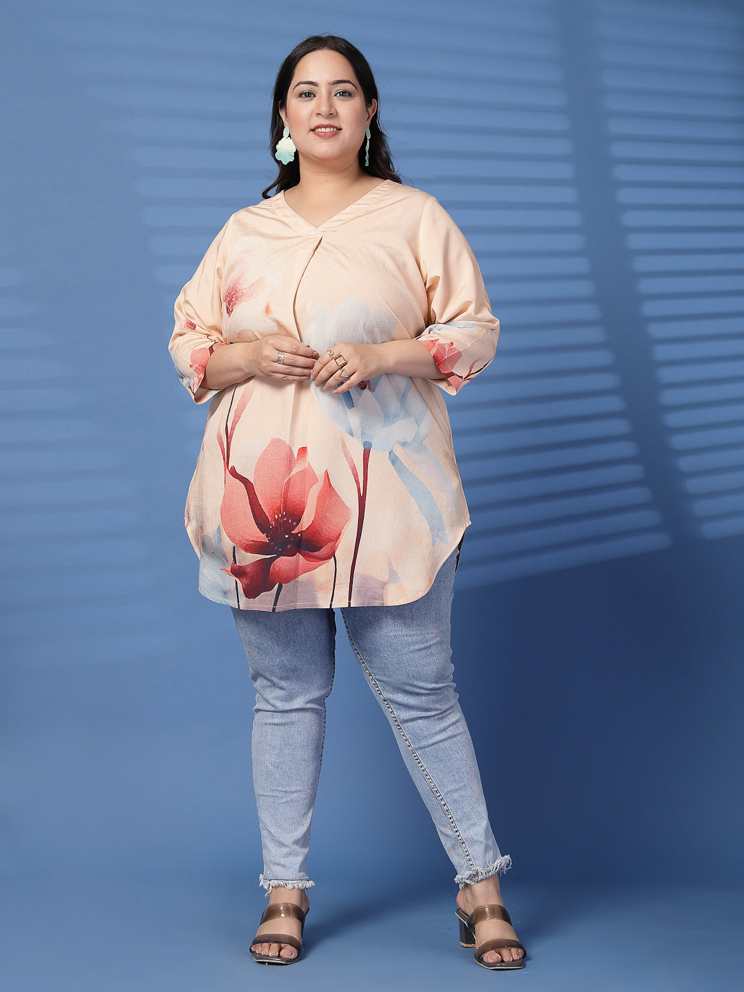 Plus Size  Tropical Printed V-Neck Longline Top