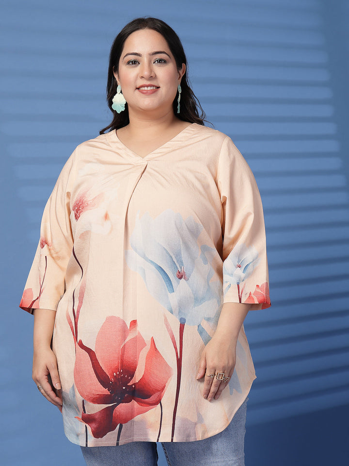 Plus Size  Tropical Printed V-Neck Longline Top