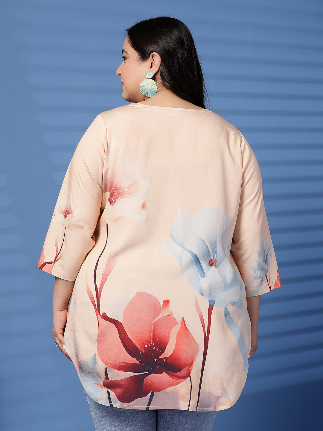 Plus Size  Tropical Printed V-Neck Longline Top