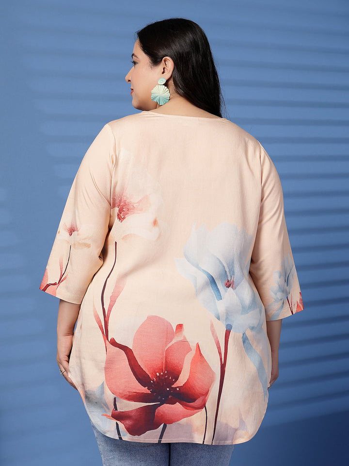 Plus Size  Tropical Printed V-Neck Longline Top