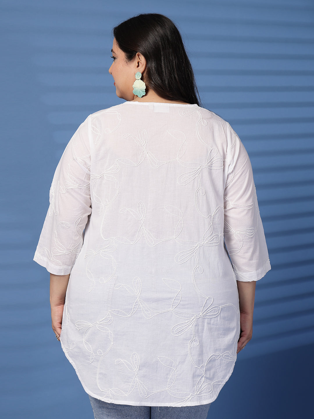 Plus Size Women Solid Embroidered V-Neck Cotton Top