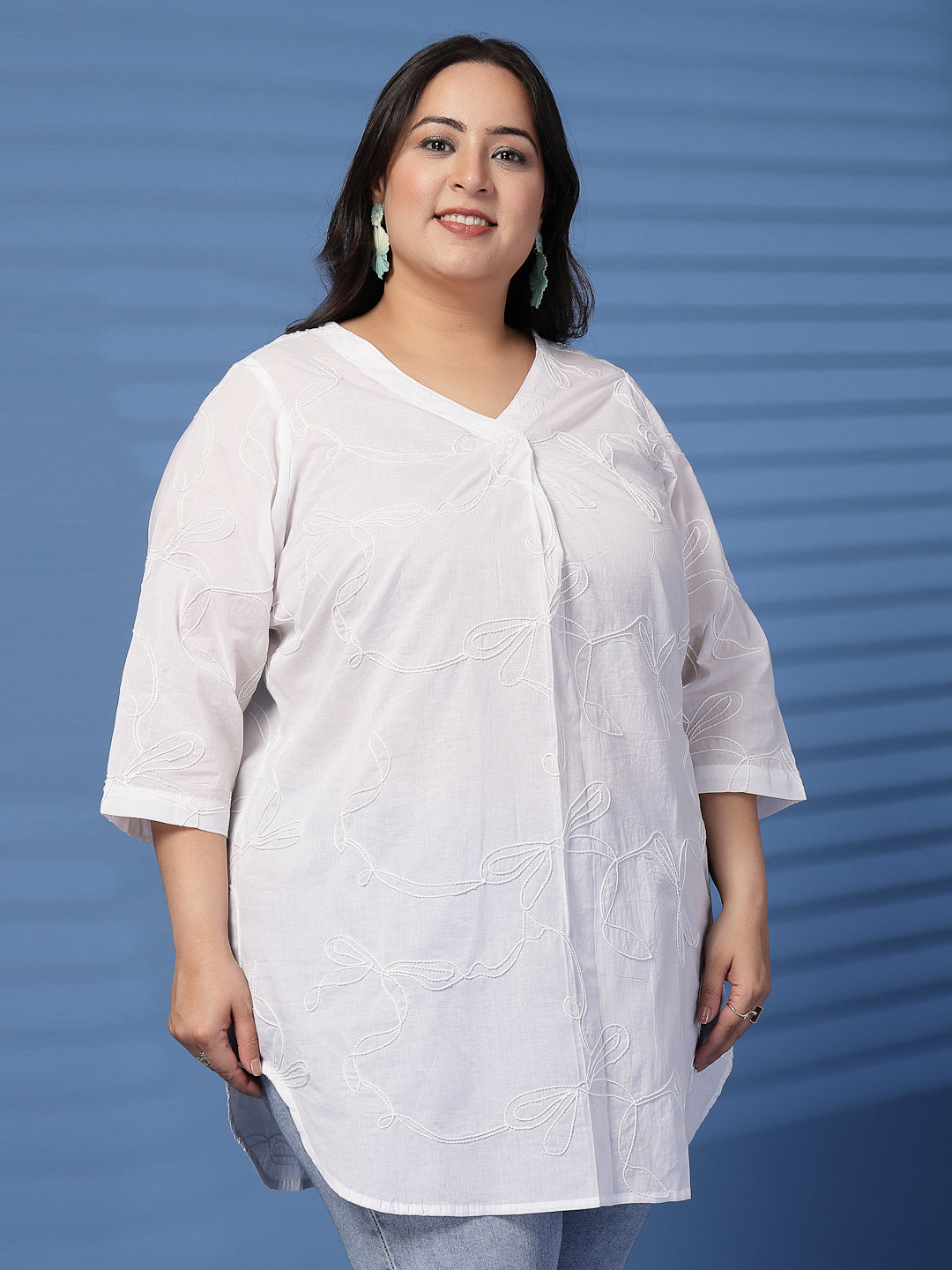 Plus Size Women Solid Embroidered V-Neck Cotton Top