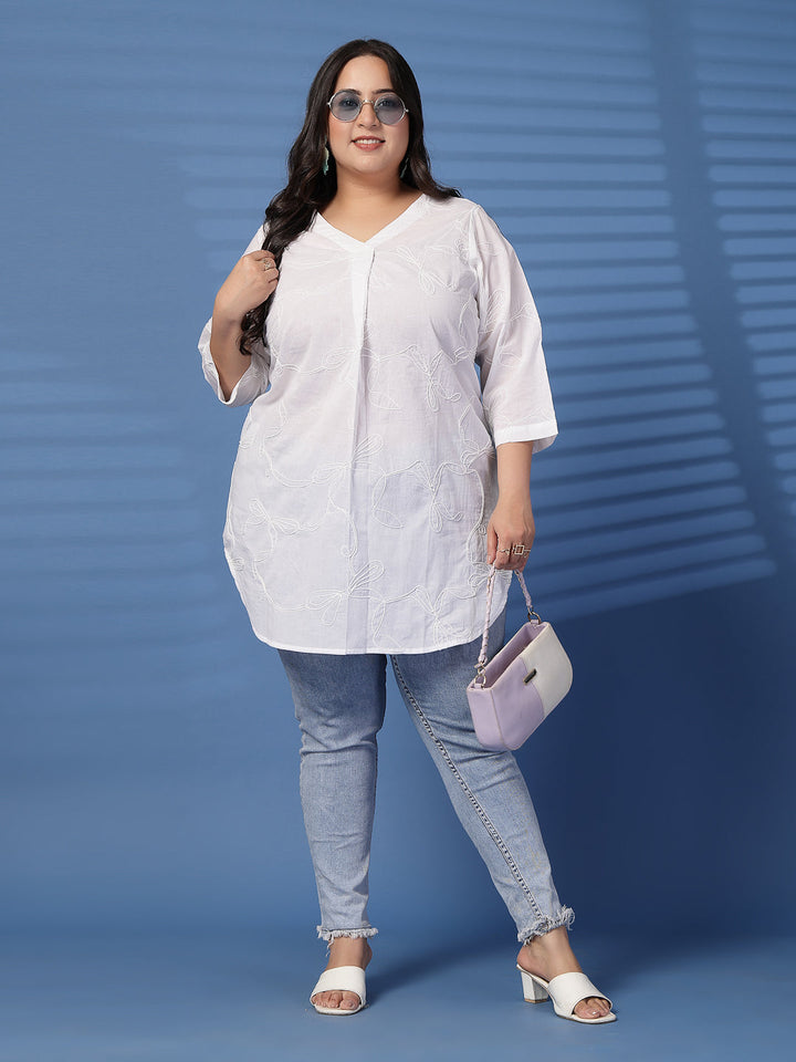 Plus Size Women Solid Embroidered V-Neck Cotton Top