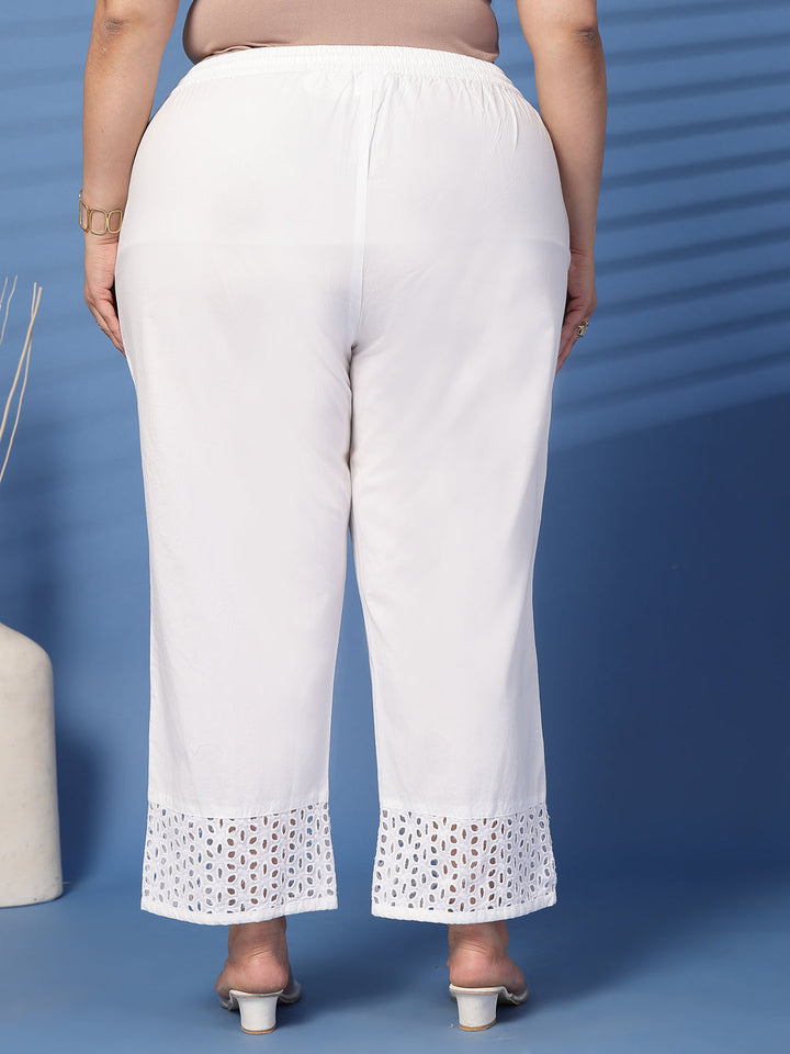 Plus Size Women White Solid Straight Palazzos