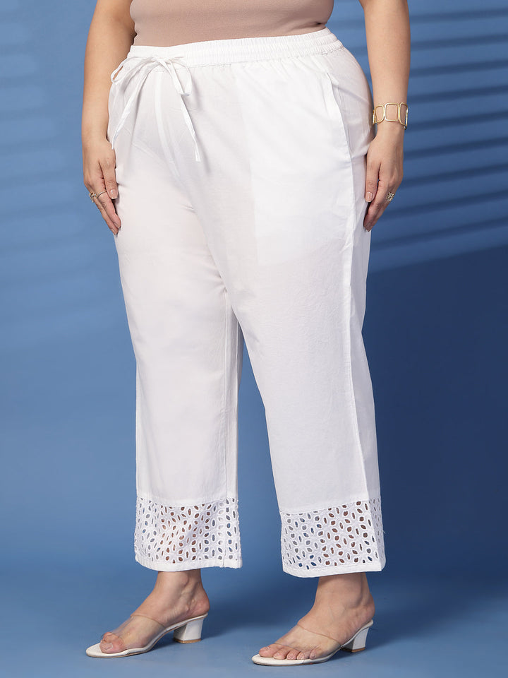 Plus Size Women White Solid Straight Palazzos