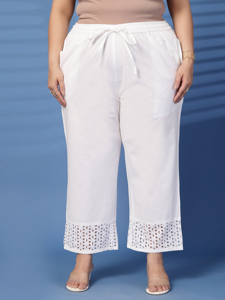 Plus Size Women White Solid Straight Palazzos