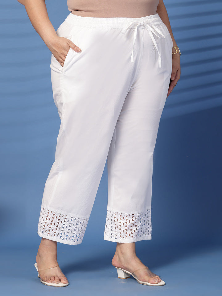 Plus Size Women White Solid Straight Palazzos