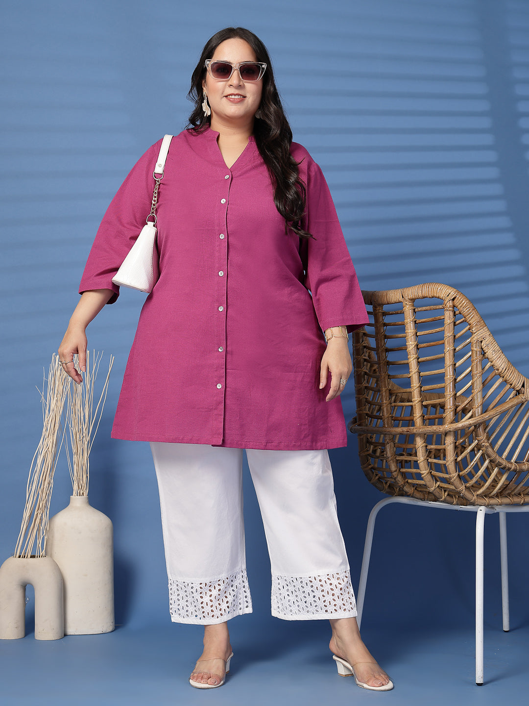 Plus Size Women White Solid Straight Palazzos