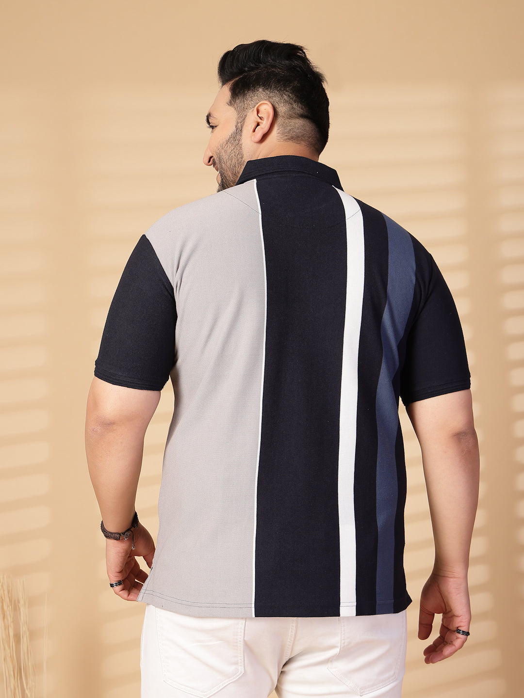Plus Size Men Striped Polo Collar Cotton T-shirt