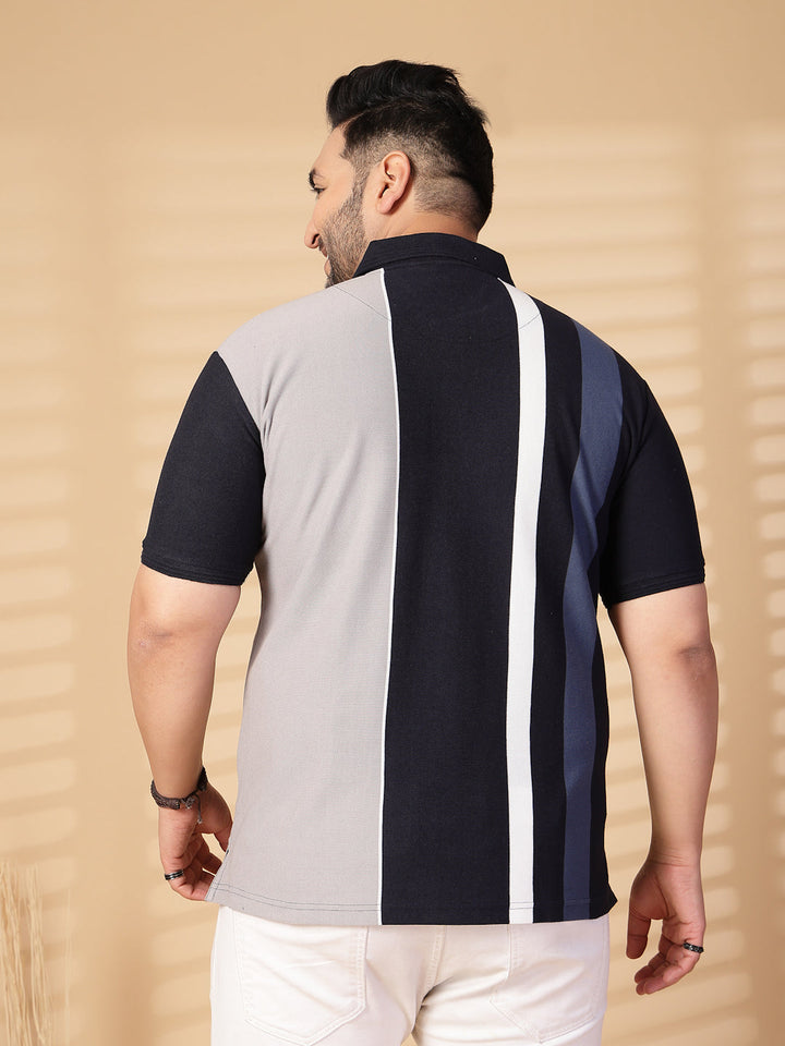 Plus Size Men Striped Polo Collar Cotton T-shirt