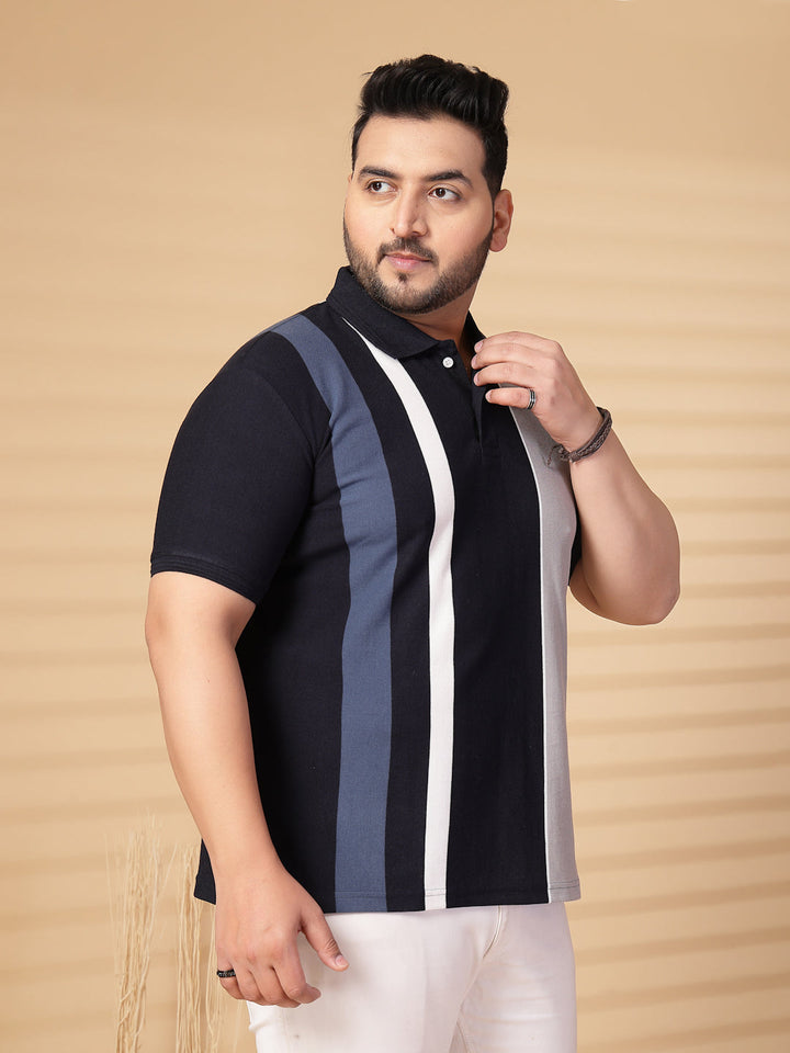 Plus Size Men Striped Polo Collar Cotton T-shirt