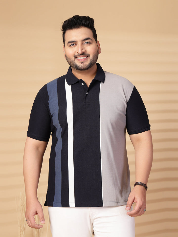 Plus Size Men Striped Polo Collar Cotton T-shirt