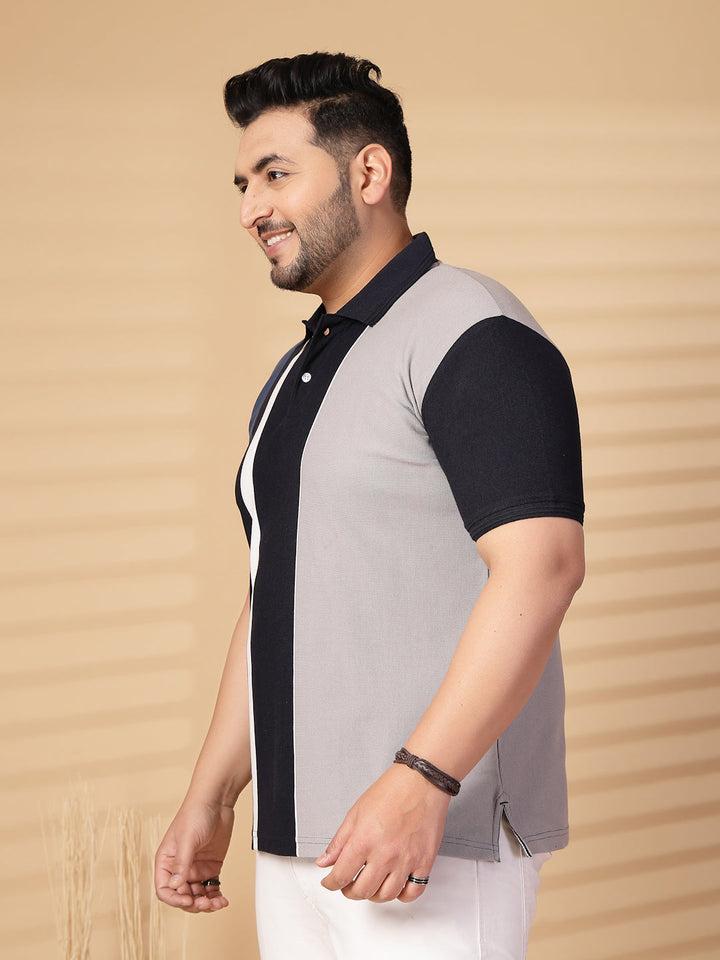 Plus Size Men Striped Polo Collar Cotton T-shirt