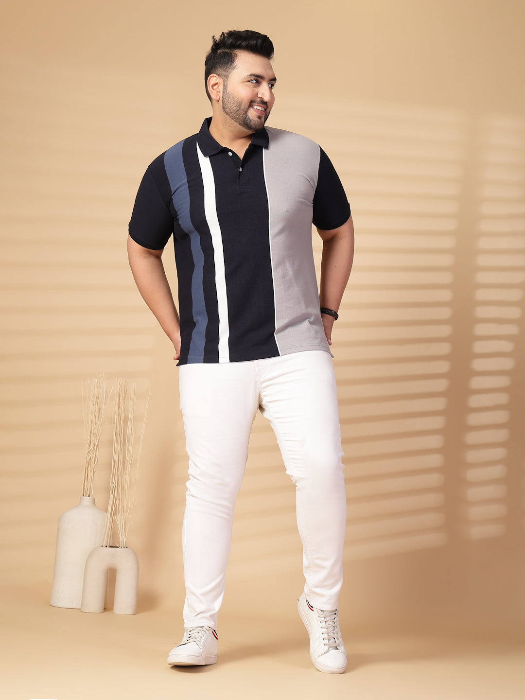 Plus Size Men Striped Polo Collar Cotton T-shirt