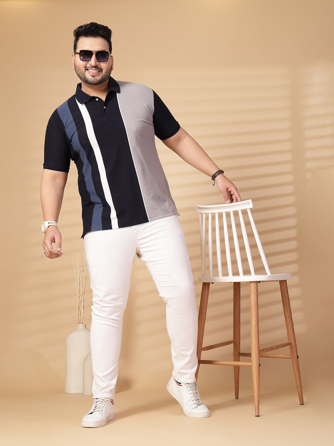 Plus Size Men Striped Polo Collar Cotton T-shirt