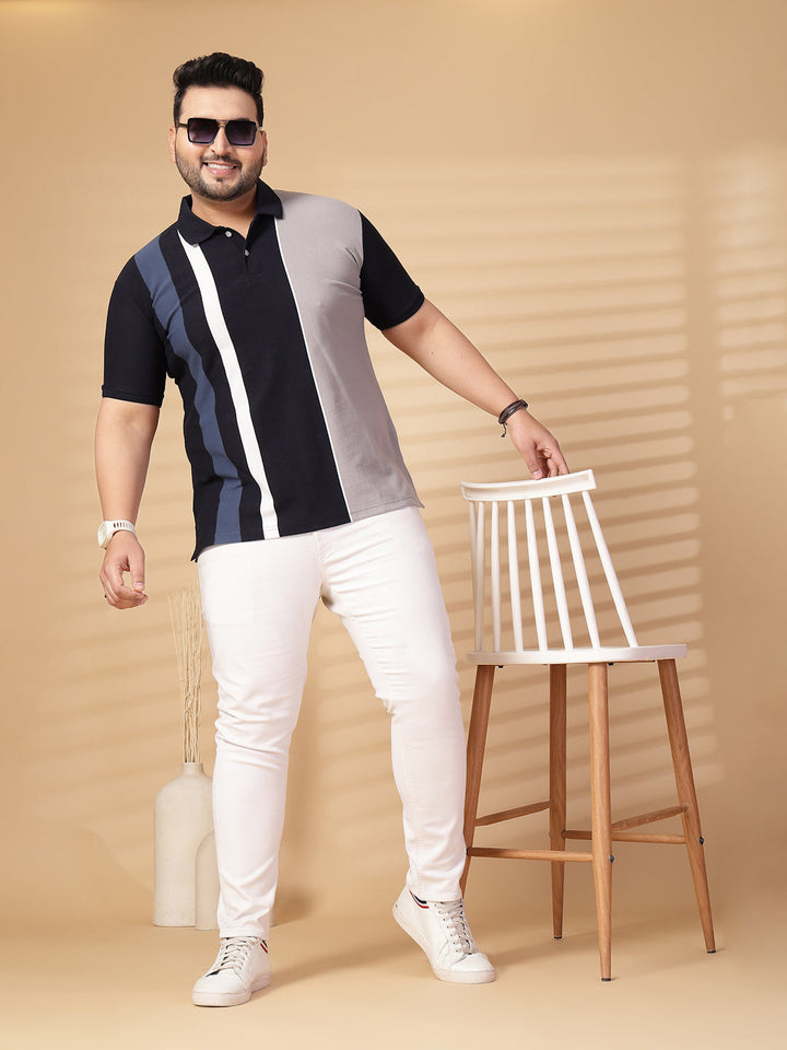 Plus Size Men Striped Polo Collar Cotton T-shirt