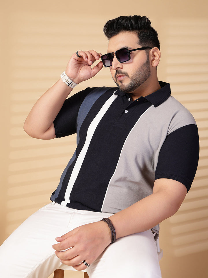 Plus Size Men Striped Polo Collar Cotton T-shirt