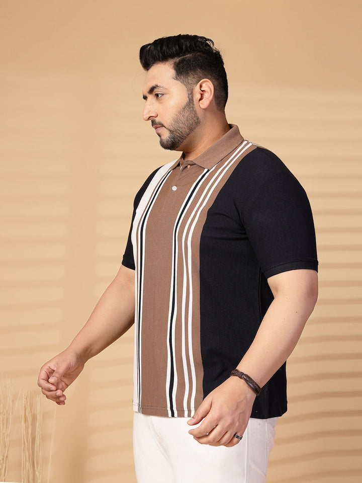 Plus Size Men Striped Polo Collar Cotton T-shirt