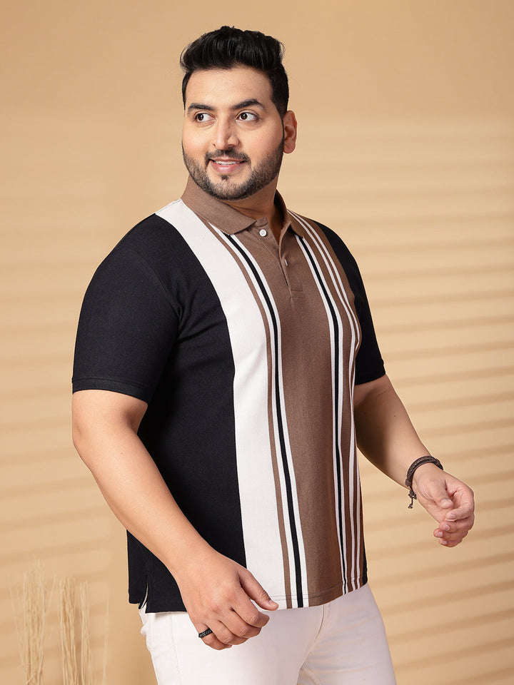 Plus Size Men Striped Polo Collar Cotton T-shirt