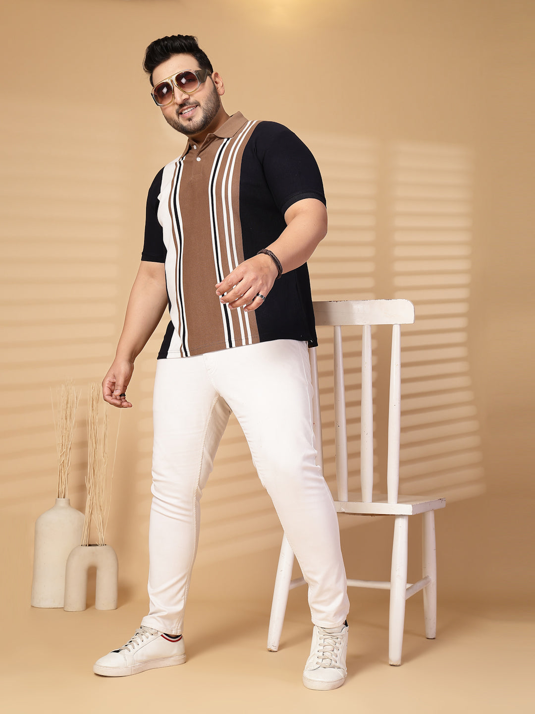 Plus Size Men Striped Polo Collar Cotton T-shirt