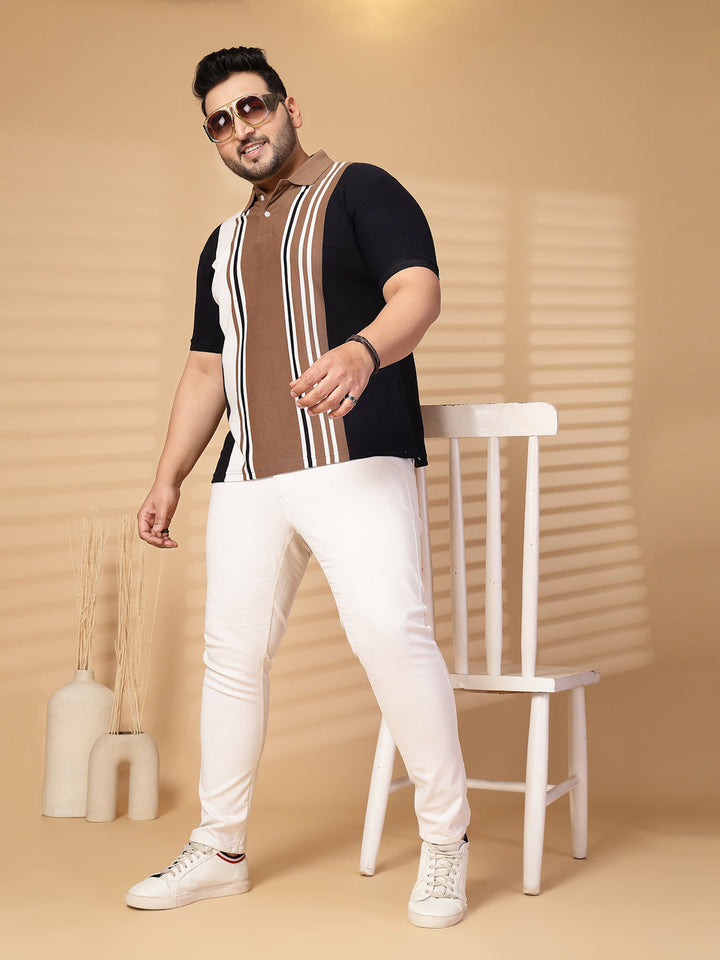 Plus Size Men Striped Polo Collar Cotton T-shirt