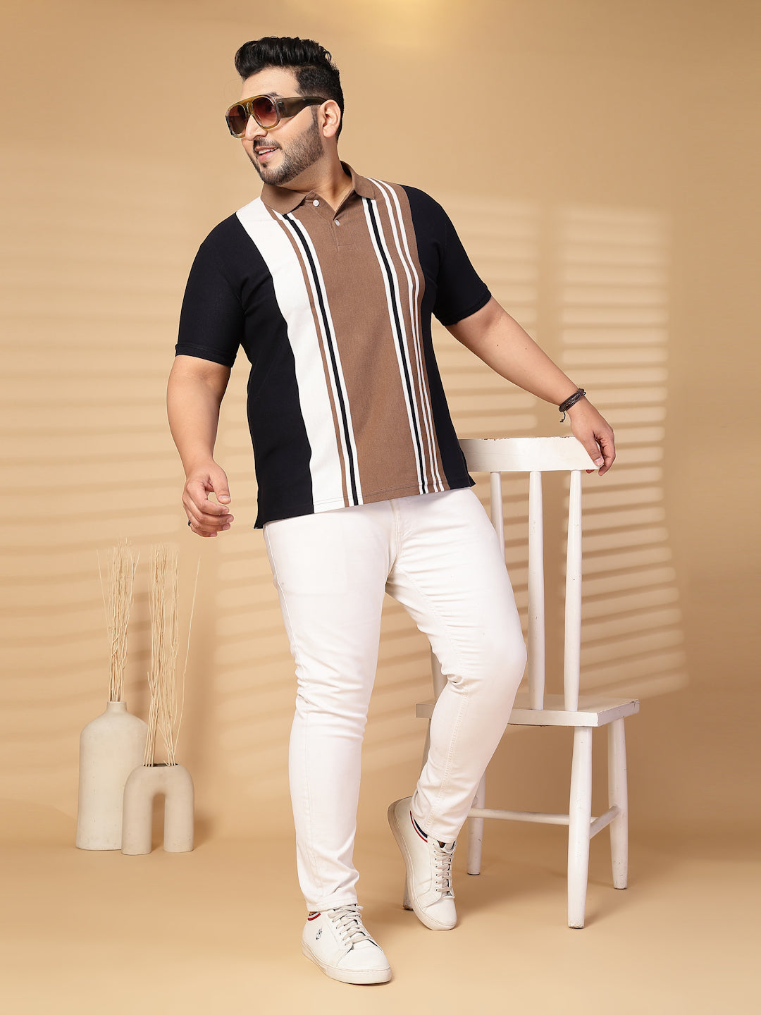 Plus Size Men Striped Polo Collar Cotton T-shirt