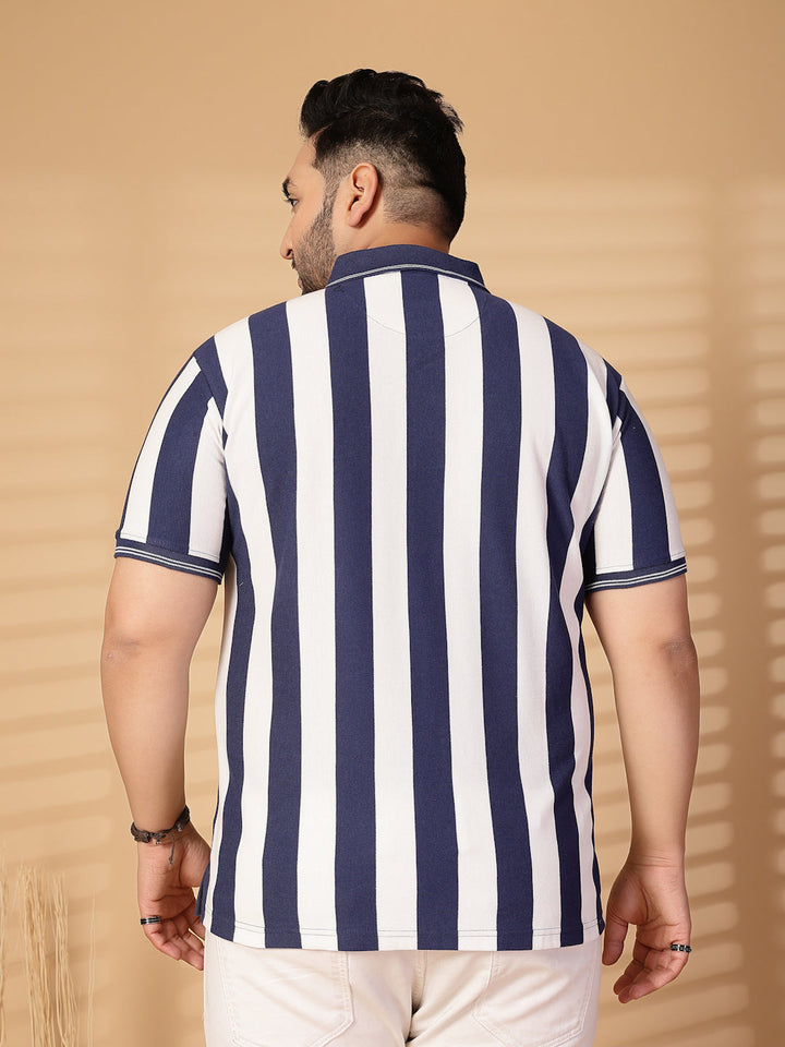 Plus Size Men Striped Polo Collar Cotton T-shirt