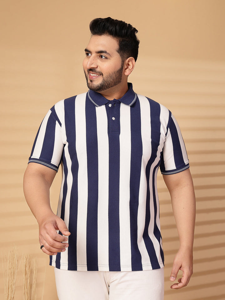 Plus Size Men Striped Polo Collar Cotton T-shirt