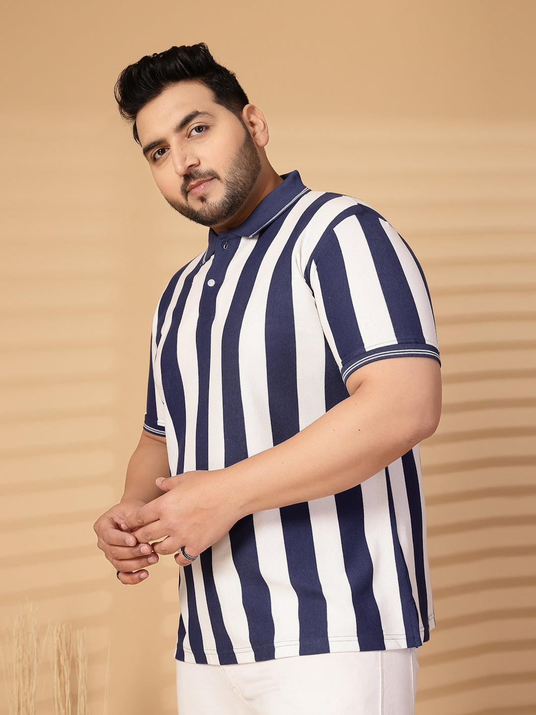 Plus Size Men Striped Polo Collar Cotton T-shirt
