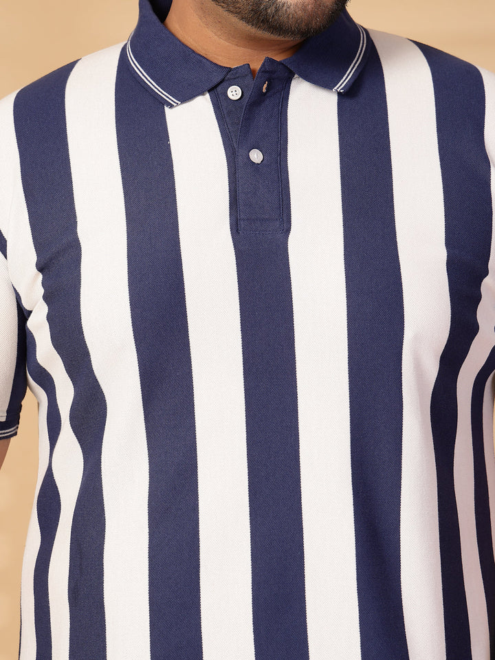 Plus Size Men Striped Polo Collar Cotton T-shirt