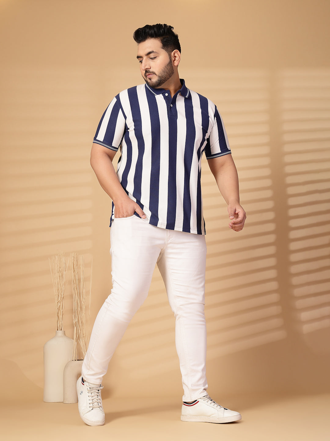 Plus Size Men Striped Polo Collar Cotton T-shirt