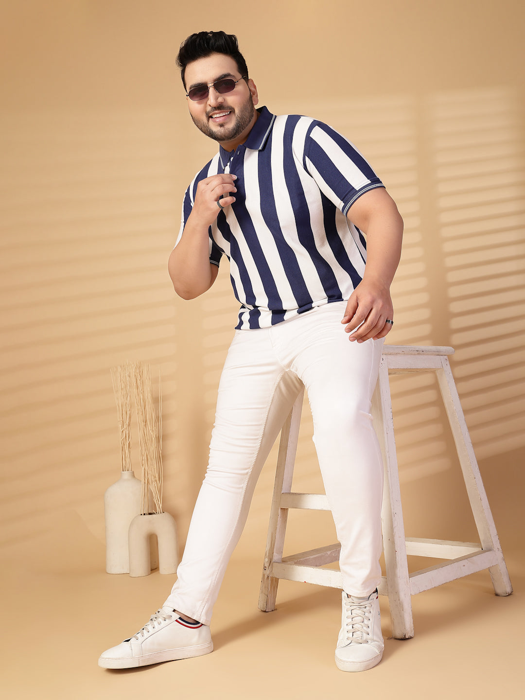 Plus Size Men Striped Polo Collar Cotton T-shirt