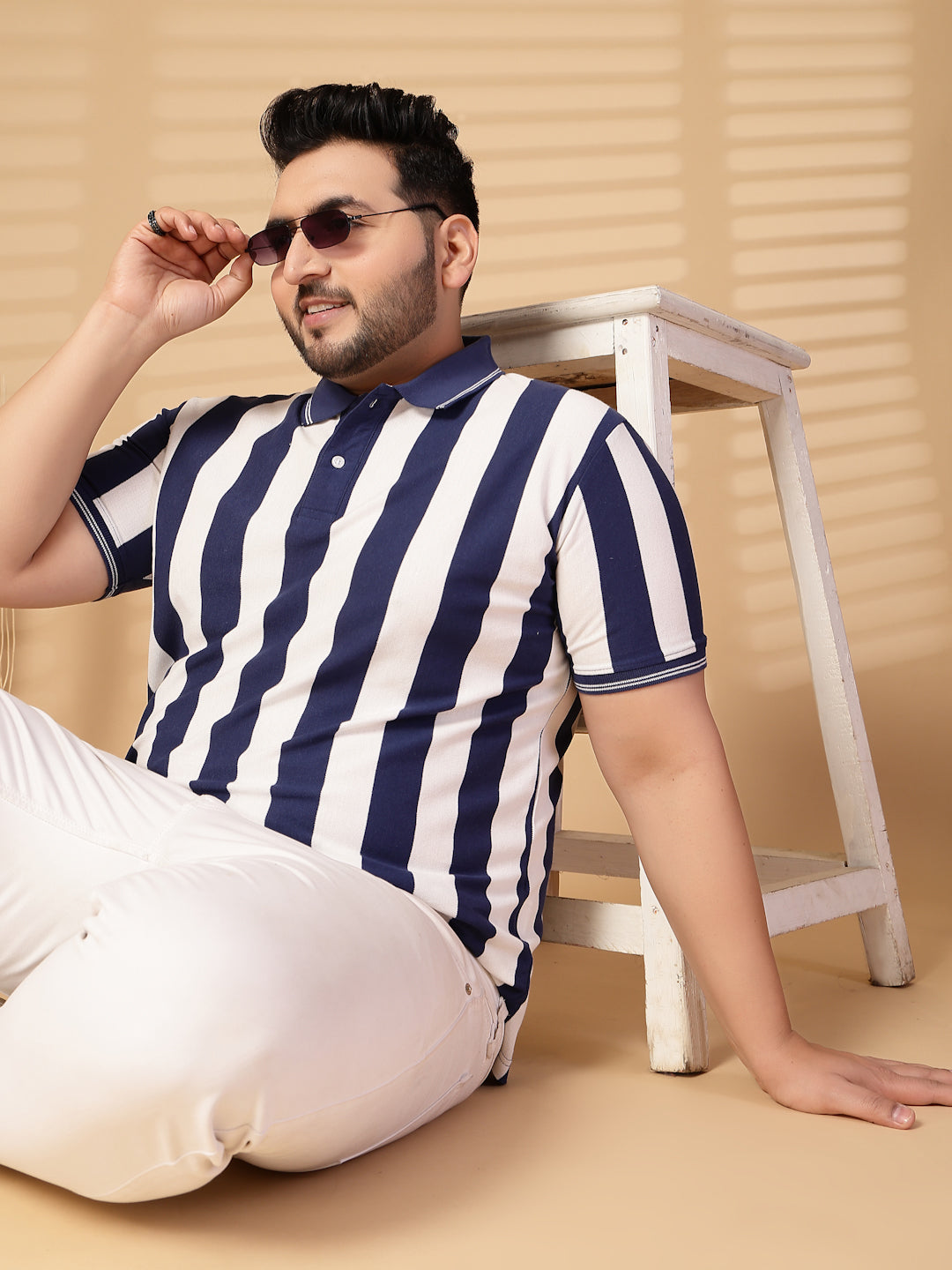 Plus Size Men Striped Polo Collar Cotton T-shirt
