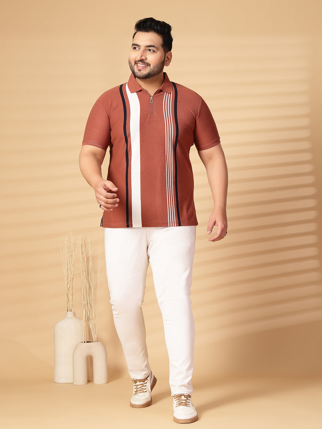 Plus Size Men Striped Polo Collar Cotton T-shirt